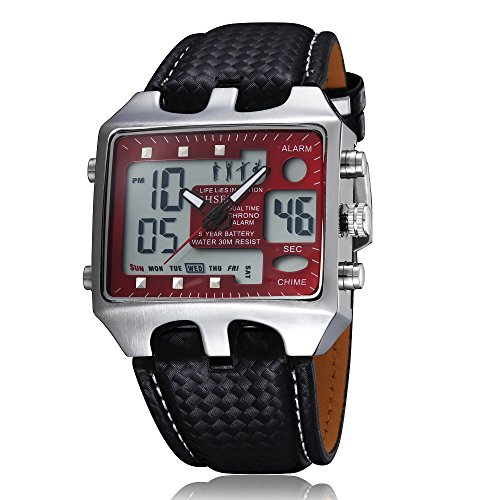OHSEN Dual Time Big Face Red Dial Analog Digital ALM Chime Day Date LED Mens Quartz Watch
