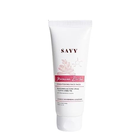 SAYY Moroccan De-Tan Brightening Face Pack for Advance Skin Renewal Radiance Clay Mask with Gluconolactone PHA, Alpha Arbutin, Niacinamide & Licorice, All Skin Types, 100g