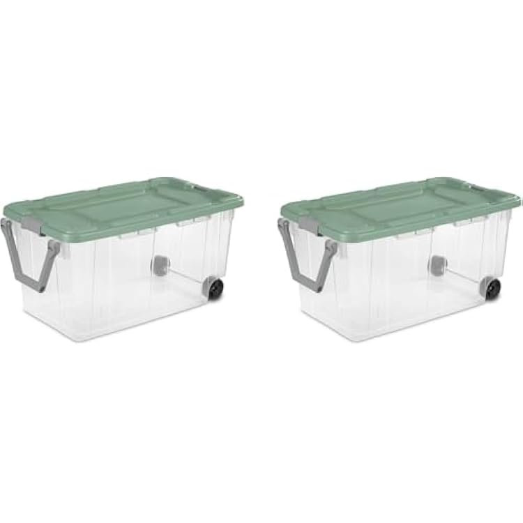 Storage Bin 40 Gallon Plastic Rolling Stacker Storage Box Wheeled Industrial Tote 160 Qt, Tough Lidded Stackable Storage Container Clear Base & Green Sage Lid 2-pack