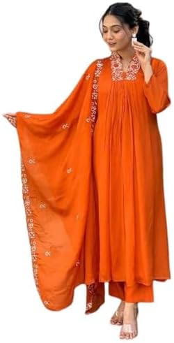 Womens Cotton Anarkali Kurti Pant Dupatta Set | Ethnic Dress for Women | Traditional Outfit for Festive Wear