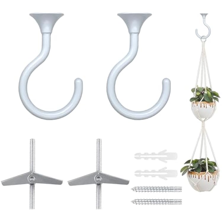 2 Sets Large Swag Ceiling Hooks 2.4 inch Heavy Duty Metal Ceiling Hooks for Hanging Plants and Lights, Fit for Wood, Concrete and Drywall Ceilings White