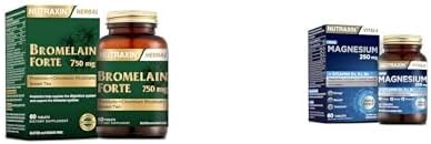 Nutraxin Bromelain Forte – 750 mg Bromelain, Yeşil Çay Ekstresi, Krom ve Probiyotik İçeren Tablet – 60 Tablet + Nutraxin Magnesium Daily 250 mg | Magnezyum, D3K2 ve B6 Vitaminli| 60 Tablet