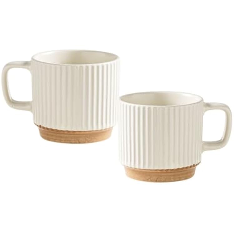 Ceramic Espresso Cups, Stackable Coffee Mugs Set for Au Lait, Cappuccino,Latte,Cafe,Mocha, Ceramic Embossment Coffee Cups For Housewarming Wedding- 8 oz, Set of 2,Beige