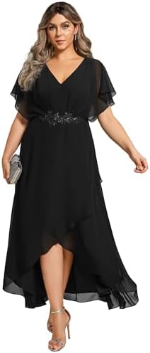 Ever-Pretty Plus Womens V Neck Applique Plus Size Wedding Guest Dress Applique Short Sleeves Maxi Foraml Dresses