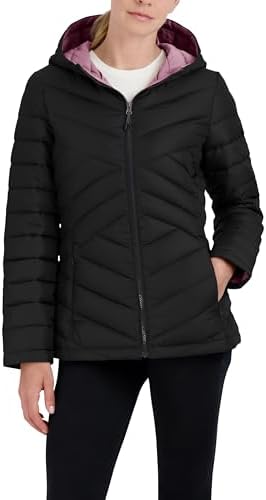 HFX Womens Mid-weight Puffer Jacket Water-resistant, Stretch Quilted Coat, Removable Faux Sherpa Lined Hood, Recycled Fill