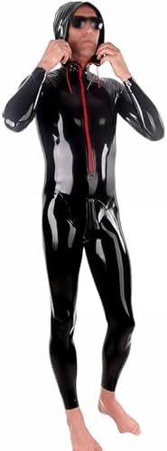 Sexy Black Mens Latex Fetish Catsuit With Hoodie Drawstring Open Front Zipper