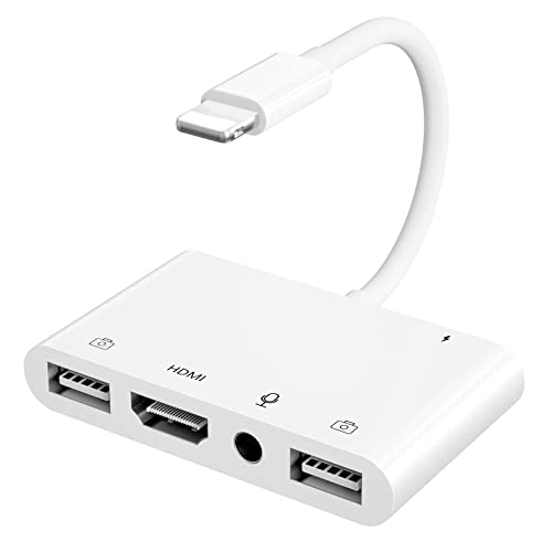 iPhone Microphone Adapter for Live-Streaming, HDMI Adapter for iPhone to TV, Dual USB Female OTG Adapter with Charging Port Compatible with iPhoneiPadiPod, No Application, Plug and Play