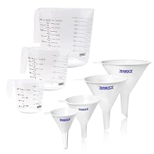 4pc Funnel Nesting Set (White) and 3pc Measuring Cup Set in Clear Plastic with Long Handles