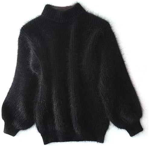 Angora Cashmere Blend Loose Warm Sweater Casual Thick Fleece Turtleneck Sweater Crewneck Knit Pullover Sweater