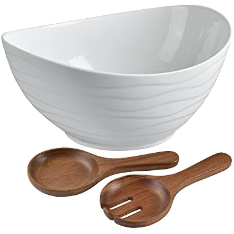 Extra Large Elegant Ceramic Oval Salad Bowl Set with Premium Acacia Wood Salad Serving Utensils - Large Capacity, Stylish and Practical, Kitchen Must-Have
