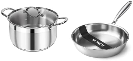 Kirecoo Stainless Steel Stock Pot - 5 Quart, Kirecoo Tri-Ply Stainless Steel Pan - 12 Inch Frying Pan