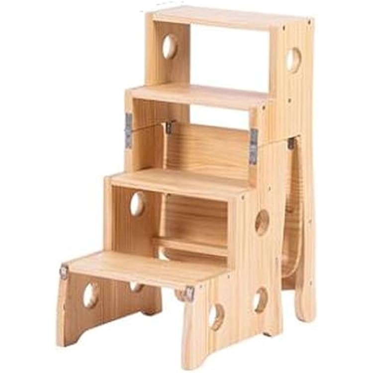 Folding Step Stool 4-Step Solid Wood Folding Ladder Chair, Protable Library Ladder, Convertible Folding Chair Step Stool Display Stand for Adults Office Home Kitchen Outdoor Foldable Step LadderNatu