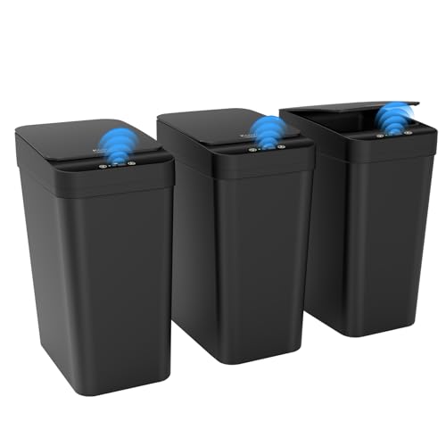 3 Pack Automatic Small Bathroom Trash Can with Lid - 2.5 Gallon Touchless Garbage Can, Motion Sensor Smart Trash Bin, Slim Dog Proof Trashcan, Waterproof Wastebasket for Bedroom Office Kitchen Black