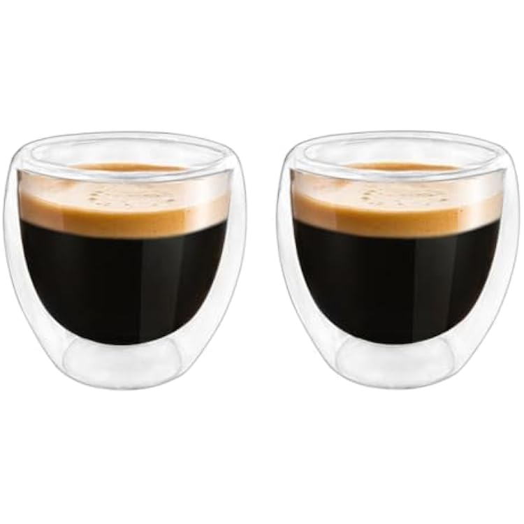 Double Wall Expresso Cups Set of 2, 3 Ounce Glass Espresso Mugs - Clear, Double Walled, Insulated, Small Demitasse Cups for Espresso Machine - Microwave Safe