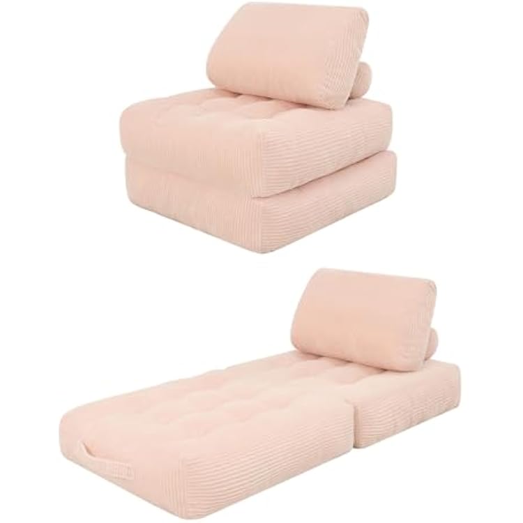 Blue Folding Sofa Bed - Convertible Sleeper Chair with Pillow & Back Support, Comfy Foldable Mattress, Portable Futon Fold Out Chair Bed for Living Room/Bedroom/Apartment (Pink)