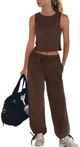 LAMISSCHE Womens Workout Sets Sleeveless 2 Piece Lounge Set Crop Tops Wide Leg Pants Sweat Sets with Pockets