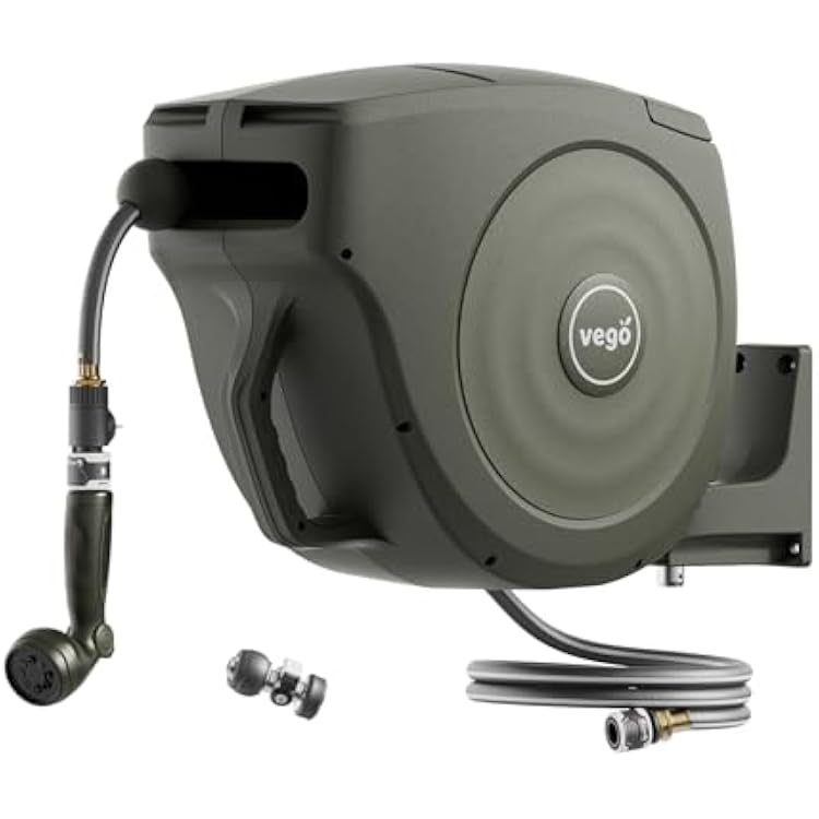 Vego Garden Hose Reel Retractable Hi-Flow Wall Mounted Hose Reel Automatic Rewind, Any Length Lock with 9 Patterns Sprayer Nozzle, Quick Connector and Adjustable shot Nozzle Seaweed Green, 100ft