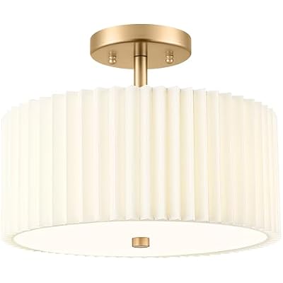 Gold Semi Flush Mount Ceiling Light, 3-Light 12.5 Ceiling Light Fixture with White Pleated Fabric Shade, Drum Lamp for Nursery Hallway Bedroom Kitchen, AD-25036-3SF-GD