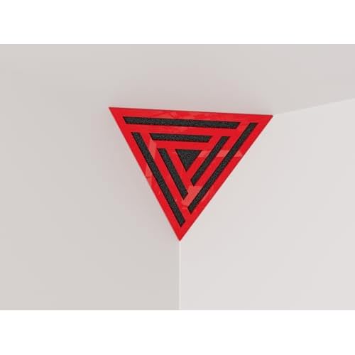 2 Pack Sound Absorption-Diffuse Ceiling Corner Bass Trap Triangle Acoustic Foam with Perforated Laminated HDF Plate | 42x42x42cm | Triangular Pyramid | Color: Red gloss plastic, SCIFI