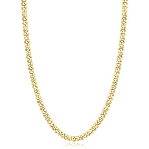 Jewlpire Gifts for Men Italian Six-Faceted Design14K Gold-Plated Cuban Link Chain Necklace for Men Women, 4MM Stainless Steel with 925 Sterling Silver Plated Mens Chain Necklace 16 18 20 22 24 26 Inch