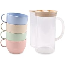 Lnrkai 5Pcs Camping Cups Plastic Set with Handle, Lightweight Breakfast Cups Reusable Unbreakable Mug with Pitcher Jug for Juice, Coffee, Tea, Water, Milk