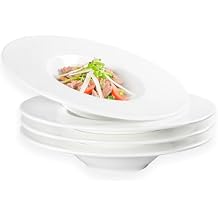 Ceramics Rimmed Pasta Bowls Set of 4, 13.6 Oz Soup Plates with Wide Rim, White Salad Bowls for Soup, Dessert,Spaghetti, for Kitchen and Eating, Microwave Dishwasher Safe, 11 Inch