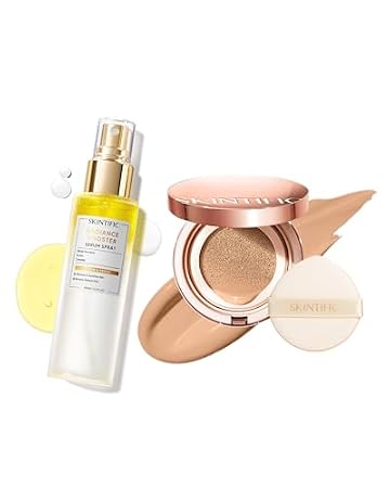 SKINTIFIC Full Coverage Cushion Foundation with Radiance Booster Serum Spray, Your All-In-One Solution for Perfect Skin