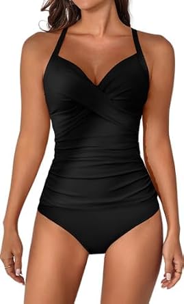B2prity Women's Ruched Tankini Swimsuits V Neck Wrap Tie Back Two Pieces Bathing Suit Tummy Control Swimwear