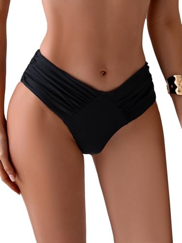 GORGLITTER Womens Ruched Cheeky Bikini Bottom High Waisted V Cut Thong Swimsuits Bathing Suit Bottoms Beach Swim Wear
