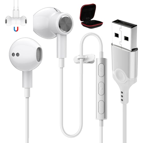 ASKUBSKU USB Headphones with Microphone for PC 7.5 Ft Cable, USB A Headset for Computer, Wired USBA Earbuds with Mute Stereo Noise Canceling Call Cord Earphones for Laptop, White