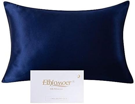 Ethlomoer 100% Natural Pure Silk Pillowcase for Hair and Skin, 19 Momme on Both Sides, 600 Thread Count, Design with Hidden Zip, 1 Piece, 40 x 60 cm, Navy
