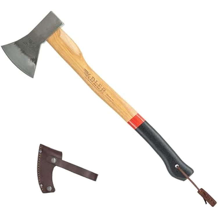 Adler Canoe Axe Made in Germany Camping Bushcraft w 20 in Hickory Handle, Leather Sheath, Anti-Slip Grip, 1-14 lb Head, C60 Carbon Steel, Lightweight for Kindling, Firewood, Hiking, Outdoors A3