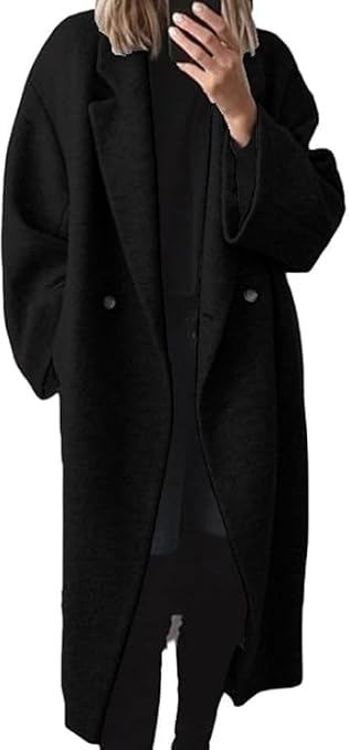 Women's Winter Wool Coat Blended Medium Length Jacket Double Breasted Long Sleeve Notch Lapel Long Trench Coat