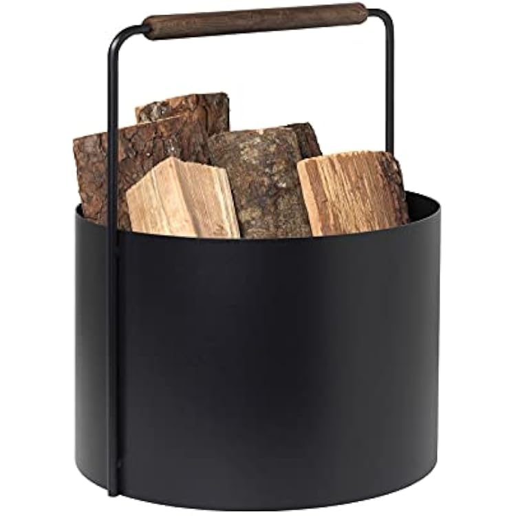 blomus Ashi Wood Basket, Firewood Basket with Handle in Brown, 37 L x 35 W x 45 H cm, Carmine Basket Made of Powder-Coated Steel and Oak