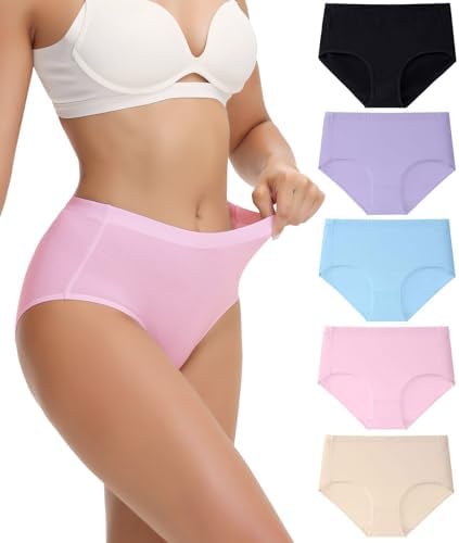 wirarpa Womens Cotton High Waisted Underwear Full Coverage Cotton Brief Panties 5 Pack