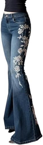 Women Bell Bottom Jeans Stretchy Flare Mid Rise Embroidery Vintage Denim Pants 90s Outfits Y2k Clothes