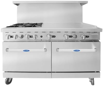 CookRite Commercial Natural Gas Range 4 Burner Hotplates With 36 Manual Griddle 2 Standard Ovens 60 Restaurant Range - 229,000 BTU