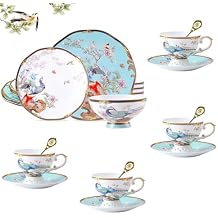 ACMLIFE Bone China Dinnerware Set - 24 Piece Light Blue Porcelain Dinnerware with Tea Cup, Saucers, Lightweight Gold-painted Bone China