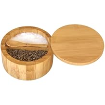 Bamboo Salt and Pepper Box - 2 Compartment - Built-in Serving Spoon - Swivel Lid with Magnet to Keep Dry, Dust-free - Salt Cellar Seasoning Container Holder Bowl- Divider with 7 Ounce Capacity