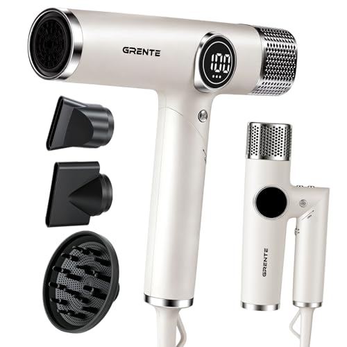 White Blow Dryer with Diffuser, Professional High-Speed Ionic Hair Dryer with Digital Temperature Display, Magnetic Diffuser & Concentrator, Lightweight & Low Noise for Home and Travel