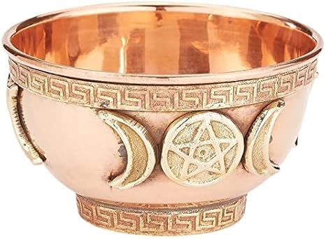 Pachamama Essentials Triple Moon Pentacle Copper Offering Bowl 3" - Great for Altar & Ritual Use, Incense Burner, Smudging Bowl