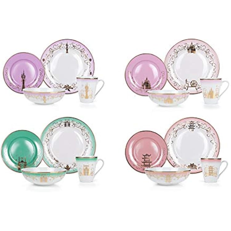 Disney Themed Dinnerware Set - 16 Ceramic Dishes, 4 Place Settings | Collection 2 | Featuring Princesses Tiana, Rapunzel, Aurora, and Mulan | Colorful Dinner & Dessert Plates, Bowl & Mug