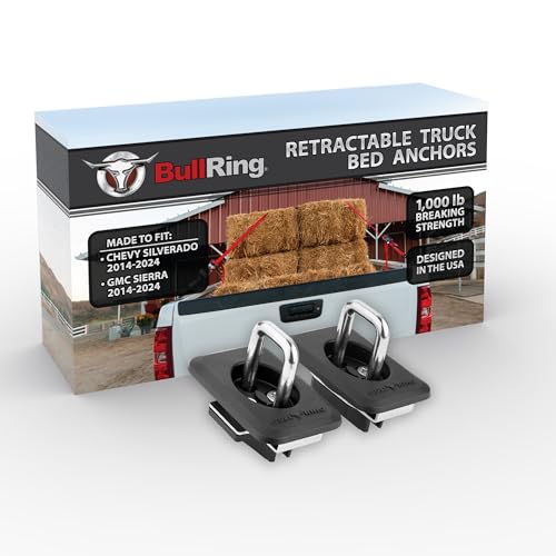 Bull Ring Raised Fit Retractable Truck Bed Tie Down Anchors Fits 2014 Chevy SilveradoGMC Sierra - Front Stake Pockets Only, Stainless Steel, Rail Cap Trim Required for Installation, 1 Pair