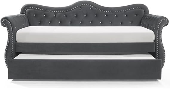 Daybed Gray Finish with A Tufted Upholstered Velvet Fabric