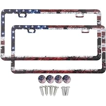 American Flag License Plate Frames - 2 Pack USA Flag Patriotic Stainless Steel License Plate Frame with Screws Fasteners (Rustic)