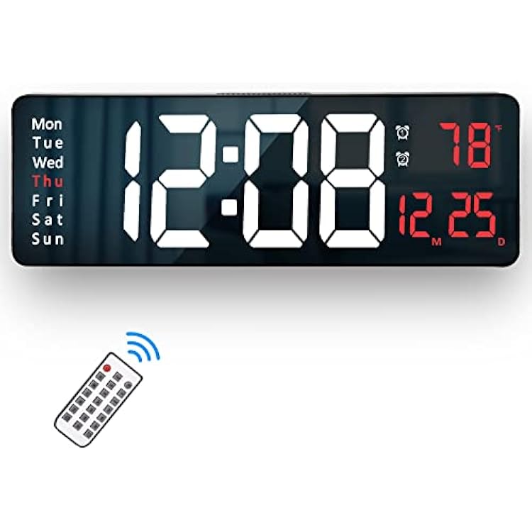 Large Digital Wall Clock, 16.2 LED Digital Clock Large Display, Dual Alarms, Automatic Brightness Dimmer- Easy Track The Time, Date, Day of Week and Temperature, with Remote Control Red