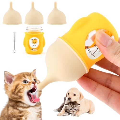 Kitten Bottles,Puppy Bottles for Nursing,Anti-Choking Pet Feeding Bottle with 2pcs Replaceable and Reusable Silicone Nipples Cleaning Brush for Feeding Newborn Pets,20ml