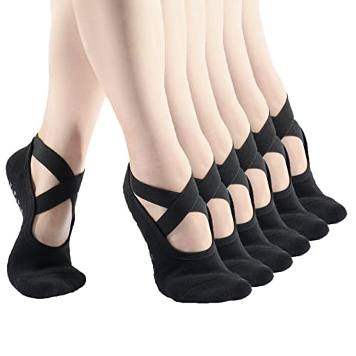 Womens 6-Pack Black Padded Cushion Non-Slip Piyo Barre Pilate Ballet Yoga Socks with Grips, Size 4-9