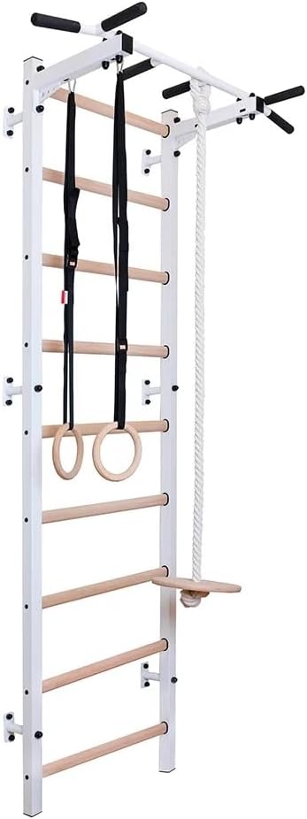 721W+A204 Wallbar, Stall Bar, Gymnastic Ladder, Multifunctional Equipment with Fixed Metal Pull Up Bar, Chin Up Bar and Wooden Rings, Climbing Rope with Swing. for Hanging Exercises