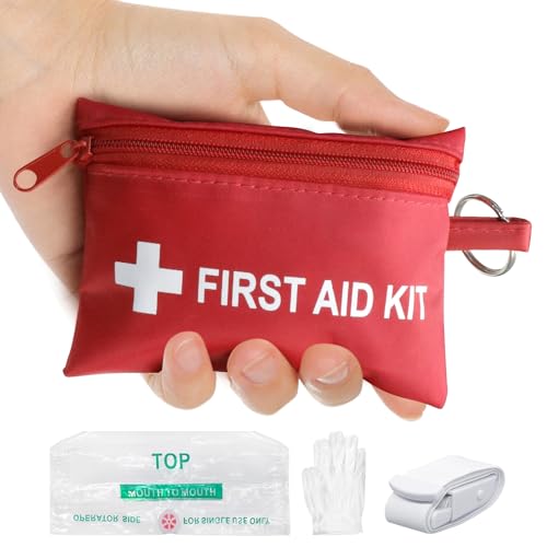 Mini First Aid Kit - CPR Keychain CPR Face Shield with Breathing Barrier & Elastic Belt & One Pair of Disposable Gloves for Travel Home Camping - Emergency Supplies1 Set